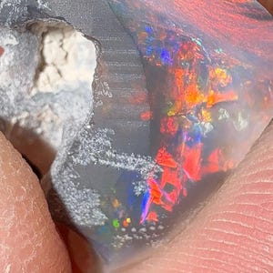 May include: A raw, dark-toned opal gemstone featuring vibrant flashes of red, orange, and blue colour play across its surface. The stone has an irregular, partially polished shape with a rough, light-coloured mineral matrix visible on one side.