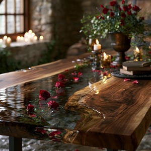 May include: A live edge wooden dining table featuring a central river-style inlay of clear resin. The surface is decorated with scattered red rose blossoms and stems submerged within the resin. The wood grain is visible with natural brown tones.