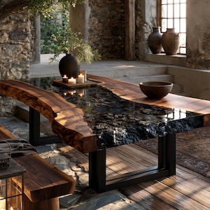 May include: A rectangular dining table featuring two thick live-edge wood slabs joined by a central river of dark, textured resin. The table is supported by two black metal U-shaped legs and includes a matching wooden bench with a draped fabric.