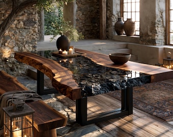 May include: A rectangular dining table featuring two thick live-edge wood slabs joined by a central river of dark, textured resin. The table is supported by two black metal U-shaped legs and includes a matching wooden bench with a draped fabric.
