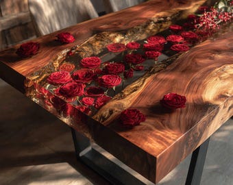 Custom Walnut Epoxy River Table with Preserved Red Roses, Live Edge Dining Table, Handmade Luxury Wood Furniture