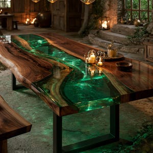 May include: A rectangular dining table featuring a live edge walnut wood slab with a central translucent green resin river inlay. The table is supported by black metal legs and includes small glass candle holders placed on the surface.