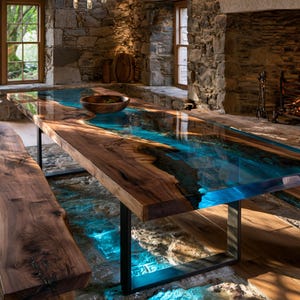 May include: A large dining table featuring a live edge wood slab with a central translucent blue resin river design, supported by black metal legs, accompanied by two matching live edge wood benches and a wooden bowl on the table surface.