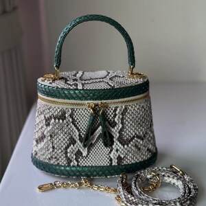 Sac à main en cuir de python véritable avec poignée supérieure : Sac à main en cuir exotique naturel