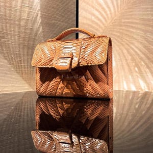 Bolso de mano con asa superior de auténtica piel de pitón: Bolso de piel exótica marrón