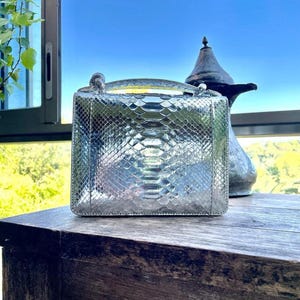 Puede incluir: Un bolso de mano rectangular con un acabado plateado metálico y un patrón de escamas que recuerda a la piel de serpiente. El bolso presenta una estructura rígida, un asa superior y una superficie lisa y reflectante en todo el exterior.