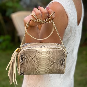 Sac bandoulière en cuir de veau mélangé python véritable : sac à main en cuir exotique naturel