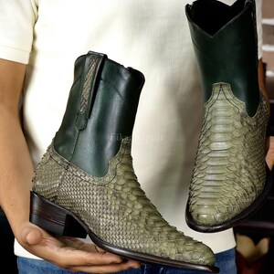 Real Python Leather Boots: Army Green reptile boutiques shoes bespoke