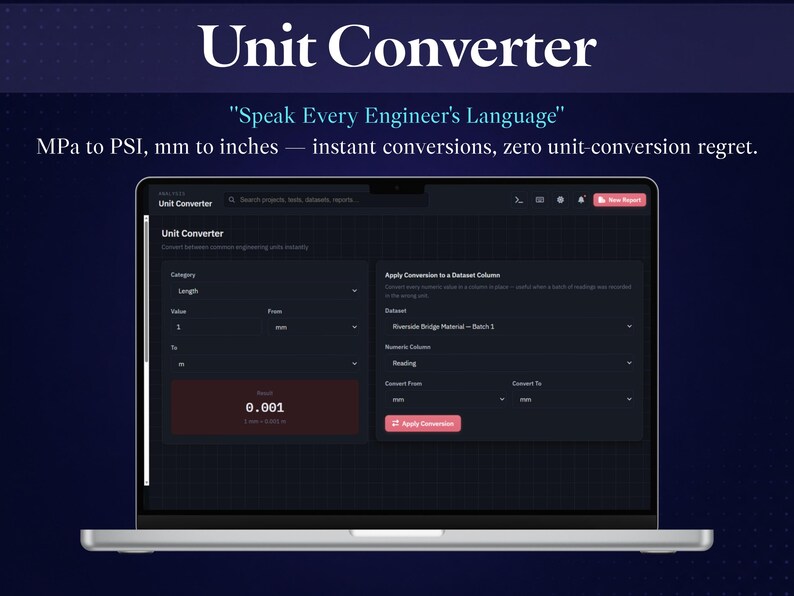 May include: A laptop displaying a Unit Converter software interface with the text Unit Converter, Speak Every Engineer's Language, and MPa to PSI, mm to inches &mdash; instant conversions, zero unit-conversion regret. The dark mode dashboard shows input fields for length, value, and unit conversion settings.