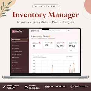 Puede incluir: Una pantalla de portátil que muestra el panel de control de la aplicación web Inventory Manager de StockFlow. La interfaz presenta métricas comerciales como productos totales, existencias, valor de inventario y ventas. Texto: Inventory Manager, Sales, Orders, Profit, Analytics.