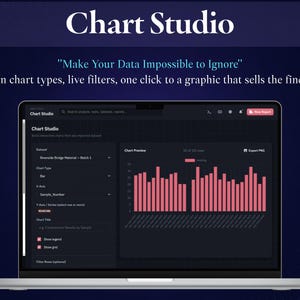 May include: A laptop screen displaying the Chart Studio interface with a dark theme. The software shows a bar chart with pink bars against a dark background. Text includes Chart Studio, Make Your Data Impossible to Ignore, and Seven chart types, live filters, one click to a graphic that sells the finding.