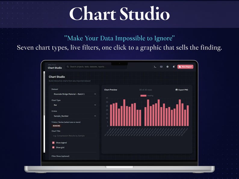 May include: A laptop screen displaying the Chart Studio interface with a dark theme. The software shows a bar chart with pink bars against a dark background. Text includes Chart Studio, Make Your Data Impossible to Ignore, and Seven chart types, live filters, one click to a graphic that sells the finding.