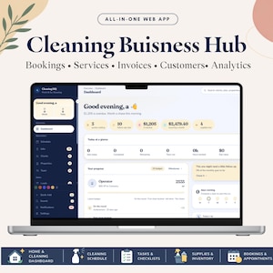 May include: A laptop screen displaying the Cleaning Business Hub web app dashboard. The interface features dark blue and cream sections with text including Bookings, Services, Invoices, Customers, Analytics, and a detailed overview of business metrics.