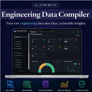 Pode incluir: Uma tela de laptop exibindo o painel do Engineering Data Studio com uma visão geral executiva de projetos, conjuntos de dados e registros de testes. A interface escura inclui um gráfico de rosca, gráfico de linhas e ícones para importação, organização, cálculo, análise e segurança.