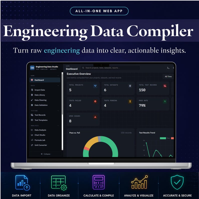 May include: A laptop screen displaying the Engineering Data Studio dashboard with an executive overview of projects, datasets, and test records. The interface features a dark theme with a donut chart and line graph, plus icons for data import, organisation, calculation, analysis, and security.