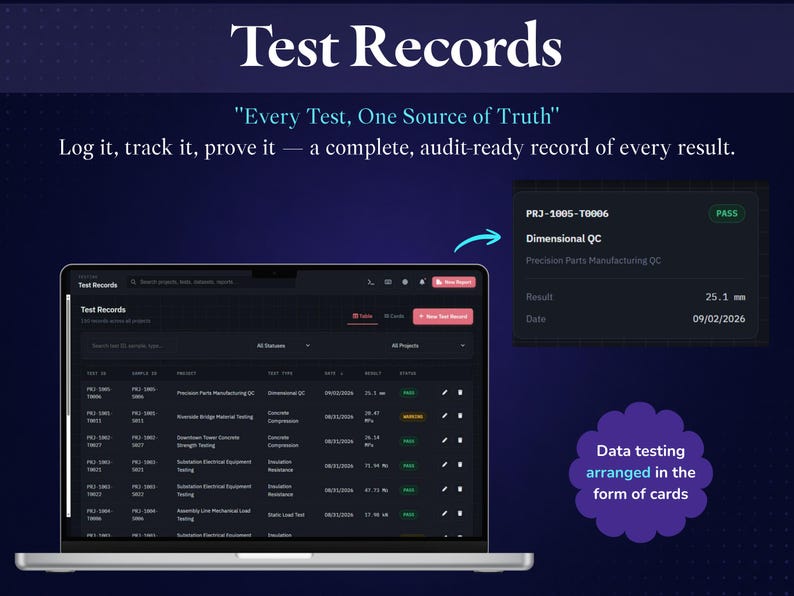 May include: A laptop screen displays a Test Records dashboard with a table of project data. Text reads: Test Records, Every Test, One Source of Truth, Log it, track it, prove it, and a callout box shows PRJ-1005-T0006 Dimensional QC result 25.1 mm.