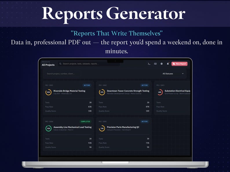 May include: A laptop screen displaying the Reports Generator software interface with the text Reports Generator, Reports That Write Themselves, and Data in, professional PDF out &mdash; the report you'd spend a weekend on, done in minutes.