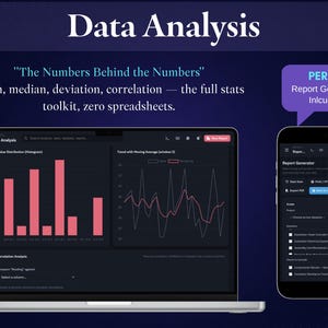 May include: A laptop and smartphone displaying data analysis software with dark mode interfaces. The screen shows charts, histograms, and a report generator. Text includes "Data Analysis," "The Numbers Behind the Numbers," and "PERKS Report Generator Included."