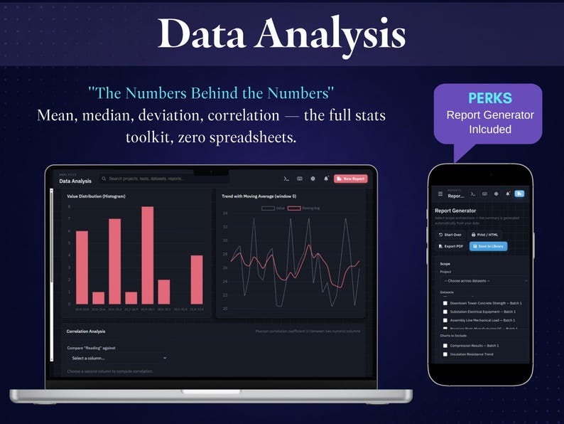 May include: A laptop and smartphone displaying data analysis software with dark mode interfaces. The screen shows charts, histograms, and a report generator. Text includes "Data Analysis," "The Numbers Behind the Numbers," and "PERKS Report Generator Included."