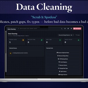 May include: A laptop screen displaying a data cleaning software interface with the title Data Cleaning, Scrub It Spotless, and the text Kill duplicates, patch gaps, fix typos &mdash; before bad data becomes a bad decision. The dashboard shows metrics.