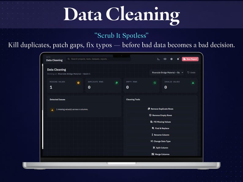 May include: A laptop screen displaying a data cleaning software interface with the title Data Cleaning, Scrub It Spotless, and the text Kill duplicates, patch gaps, fix typos &mdash; before bad data becomes a bad decision. The dashboard shows metrics.