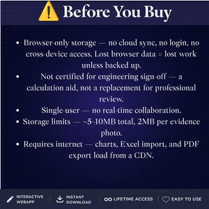 May include: A dark blue informational graphic titled Before You Buy with a yellow warning icon. It lists limitations including browser-only storage, no engineering sign-off, single-user access, 5-10MB storage limits, and internet requirements for features.