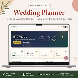 May include: A laptop screen displaying an all-in-one web app wedding planner dashboard. The interface shows a countdown for Elena and James, budget spent of $11,290, 32 guests confirmed, and 25% planning progress with various task trackers.