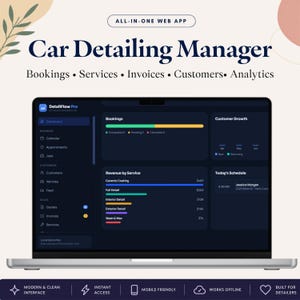 May include: A laptop displaying the DetailFlow Pro car detailing manager web app dashboard. The screen shows business metrics including bookings, customer growth, revenue by service, and a daily schedule on a dark interface with colorful charts.