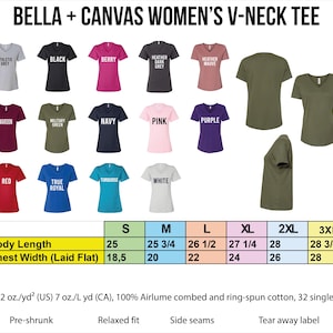a collection of women's v-neck t-shirts in various colors and sizes, including black, pink, purple, green, and gray. The t-shirts are arranged in rows and columns, with each row representing a different color and size, and each column representing a different type of v-neck t-shirt. The image also includes a table with information about the body length and chest width of the t-shirts, as well as the corresponding sizes and colors.