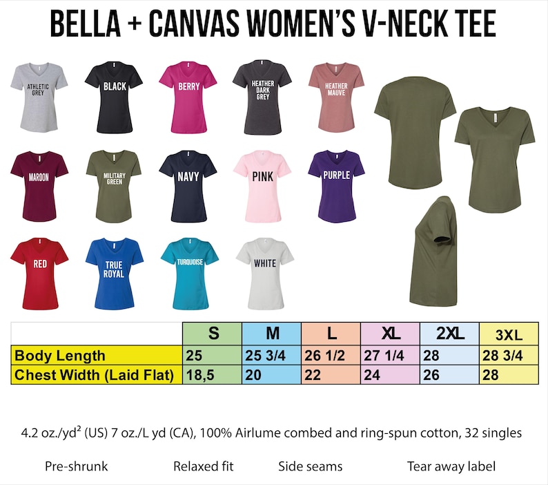 a collection of women's v-neck t-shirts in various colors and sizes, including black, pink, purple, green, and gray. The t-shirts are arranged in rows and columns, with each row representing a different color and size, and each column representing a different type of v-neck t-shirt. The image also includes a table with information about the body length and chest width of the t-shirts, as well as the corresponding sizes and colors.