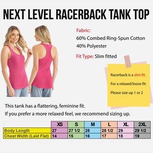 The image is a collage of two photos featuring two women wearing pink tank tops. The text provides information about the tank top, including its fabric, fit type, and measurements.