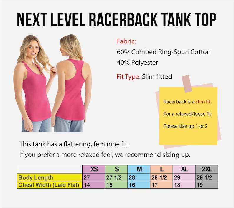 The image is a collage of two photos featuring two women wearing pink tank tops. The text provides information about the tank top, including its fabric, fit type, and measurements.
