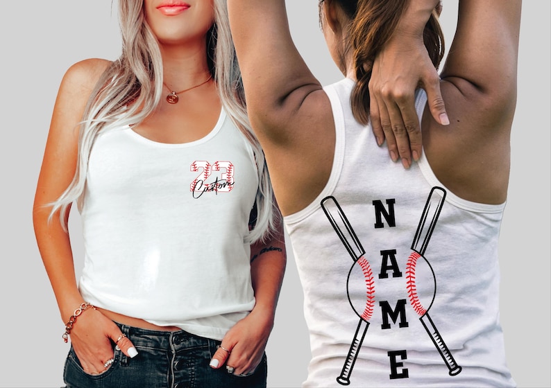 two women wearing white tank tops with baseball-themed designs.