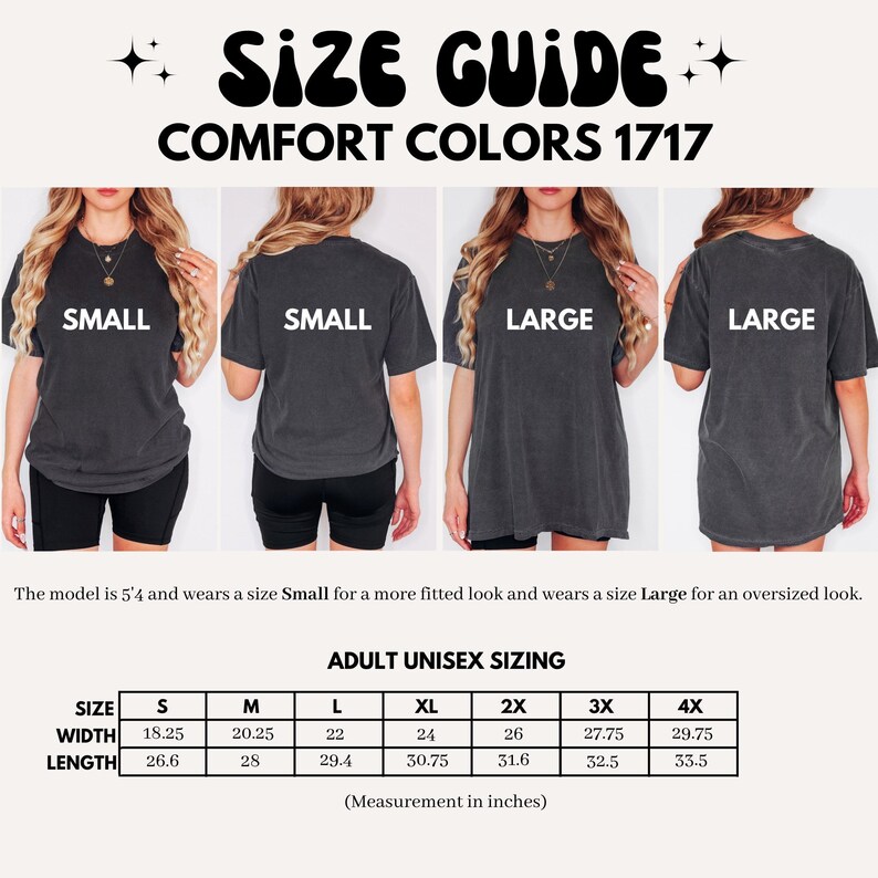 The image is a collage of four photos showing different sizes of the same gray t-shirt, with the model size being 5'4" and the sizes being Small, Small, Large, and Large.