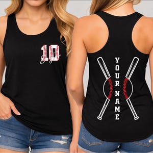 A woman wearing a black tank top with a baseball design and the number 10 on it, as well as the text "YOUR NAME" printed on the back.