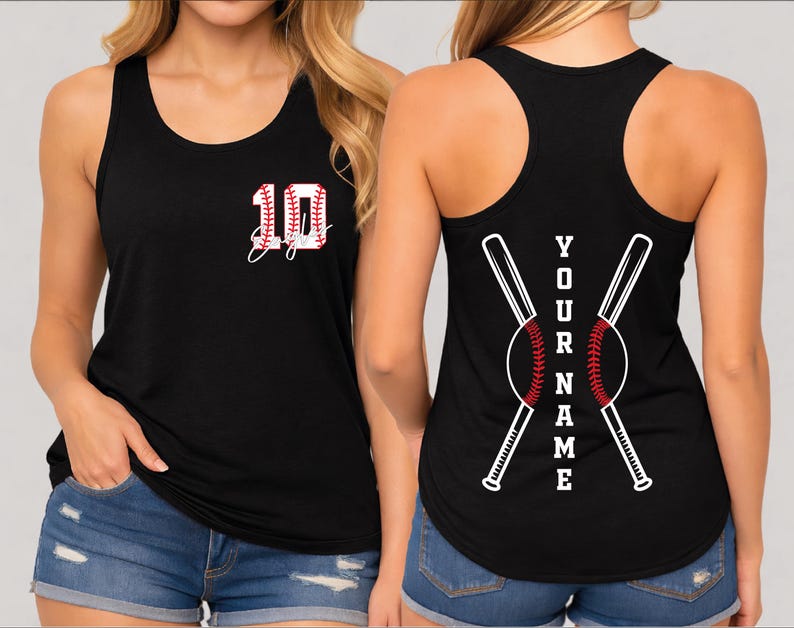 A woman wearing a black tank top with a baseball design and the number 10 on it, as well as the text "YOUR NAME" printed on the back.