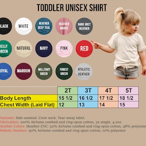 The image is a collage of various colored shirts, including black, white, navy, pink, red, royal, maroon, and military green, along with a young girl wearing a white shirt. The collage also includes a table with information about the body length and chest width of the shirts.