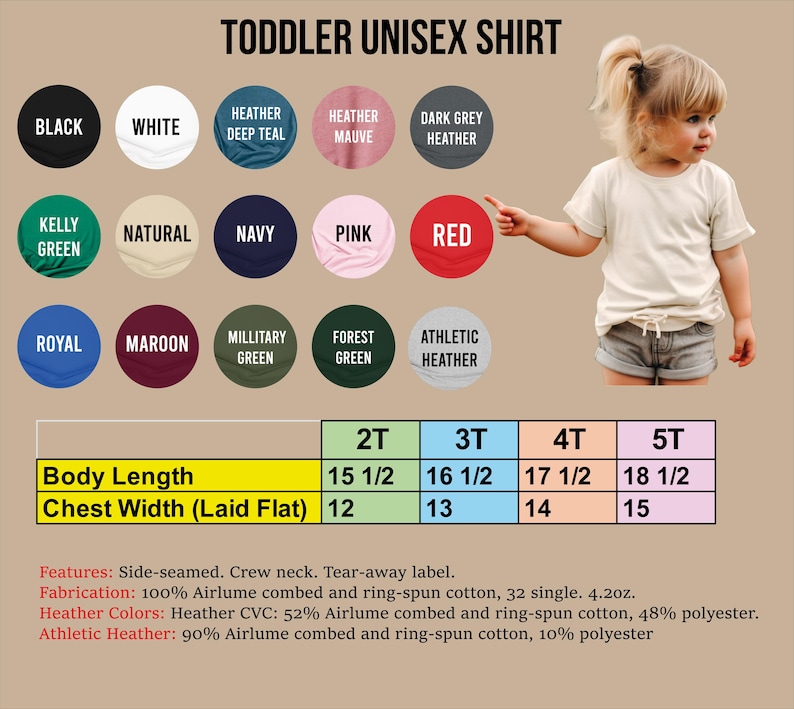 The image is a collage of various colored shirts, including black, white, navy, pink, red, royal, maroon, and military green, along with a young girl wearing a white shirt. The collage also includes a table with information about the body length and chest width of the shirts.