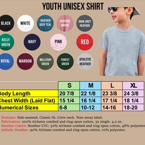 The image is a collage of various youth unisex t-shirt designs, including different colors, patterns, and sizes.