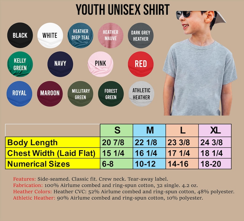 The image is a collage of various youth unisex t-shirt designs, including different colors, patterns, and sizes.