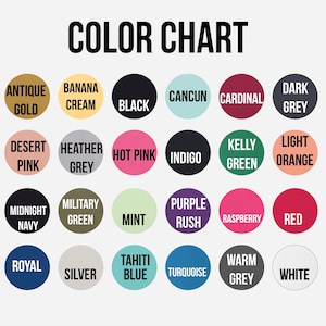 a color chart with various colored circles representing different colors, such as gold, black, cream, cancun, cardinals, desert, pink, grey, hot pink, indigo, keely green, light orange, mint, purple, raspberry, red, navy, green, mint, purple rush, raspberry, royal blue, turquoise, and white.