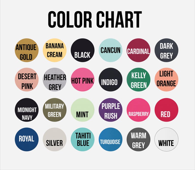 a color chart with various colored circles representing different colors, such as gold, black, cream, cancun, cardinals, desert, pink, grey, hot pink, indigo, keely green, light orange, mint, purple, raspberry, red, navy, green, mint, purple rush, raspberry, royal blue, turquoise, and white.