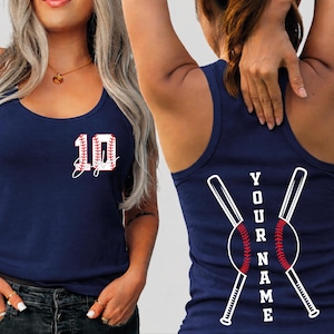 A woman wearing a navy blue tank top with a baseball design and the number 10 on it.