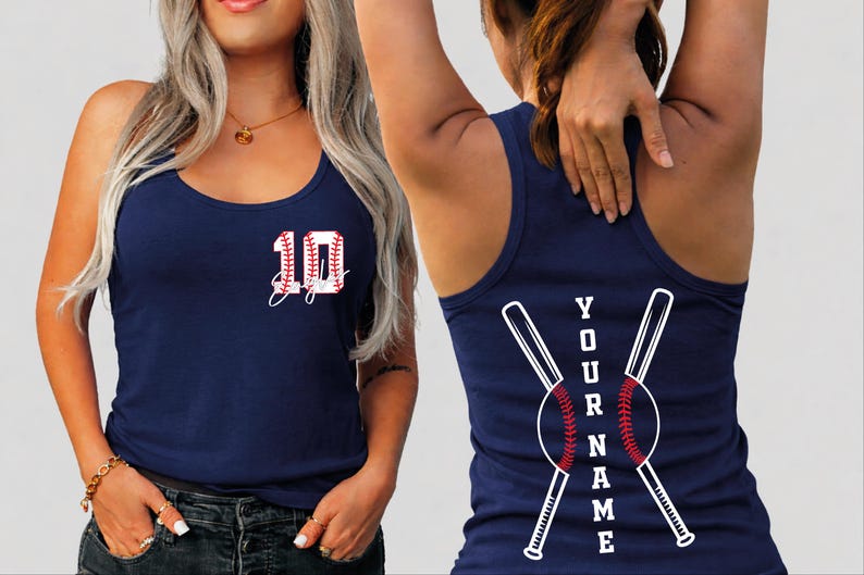 A woman wearing a navy blue tank top with a baseball design and the number 10 on it.