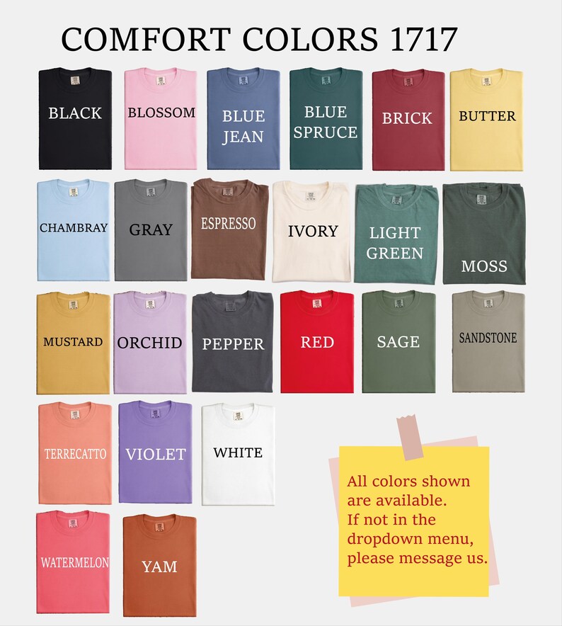 a collection of 17 different colored t-shirts, each with a unique color and design.