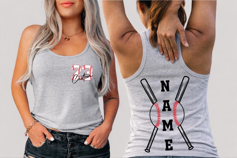 A woman wearing a gray tank top with a baseball design and the number 23 on it.