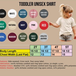 The image is a collage of various colored shirts, including black, white, navy, pink, red, royal, maroon, and military green, along with a young girl wearing a white shirt. The collage also includes a table with information about the body length and chest width of the shirts.