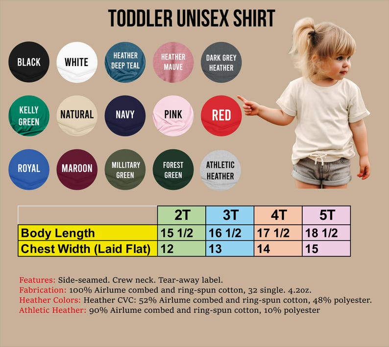 The image is a collage of various colored shirts, including black, white, navy, pink, red, royal, maroon, and military green, along with a young girl wearing a white shirt. The collage also includes a table with information about the body length and chest width of the shirts.