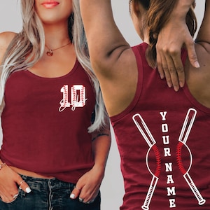 A woman wearing a red tank top with the number 10 and the text "YOUR NAME" printed on it, along with a baseball graphic.