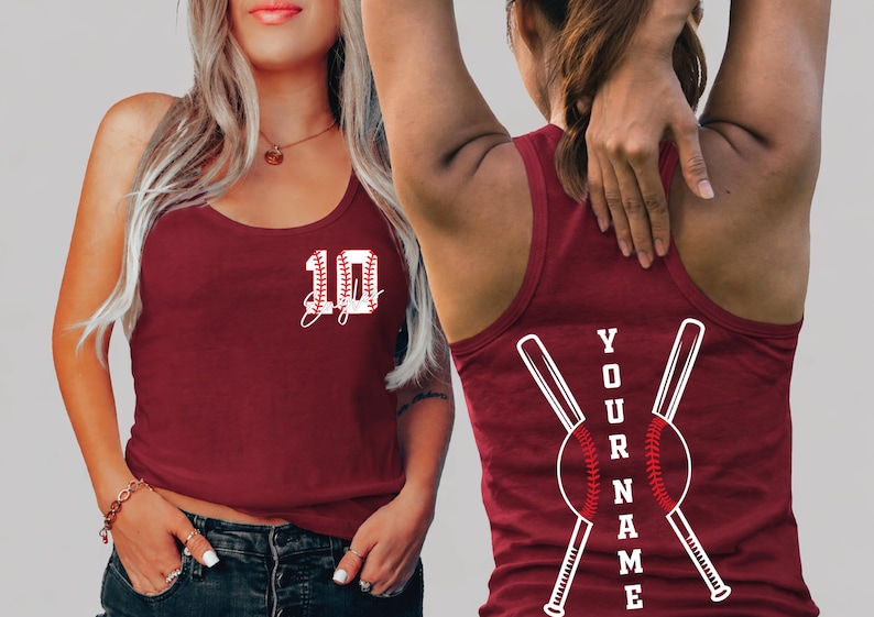 A woman wearing a red tank top with the number 10 and the text "YOUR NAME" printed on it, along with a baseball graphic.